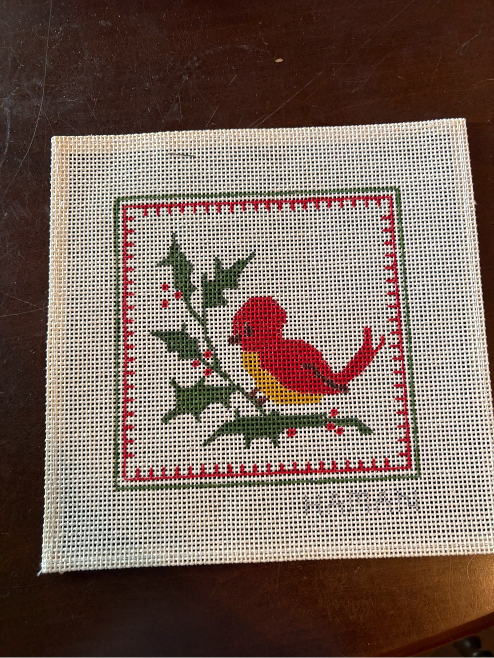 Red & Yellow Holly Holiday Bird-Needlepoint 13 Mesh
